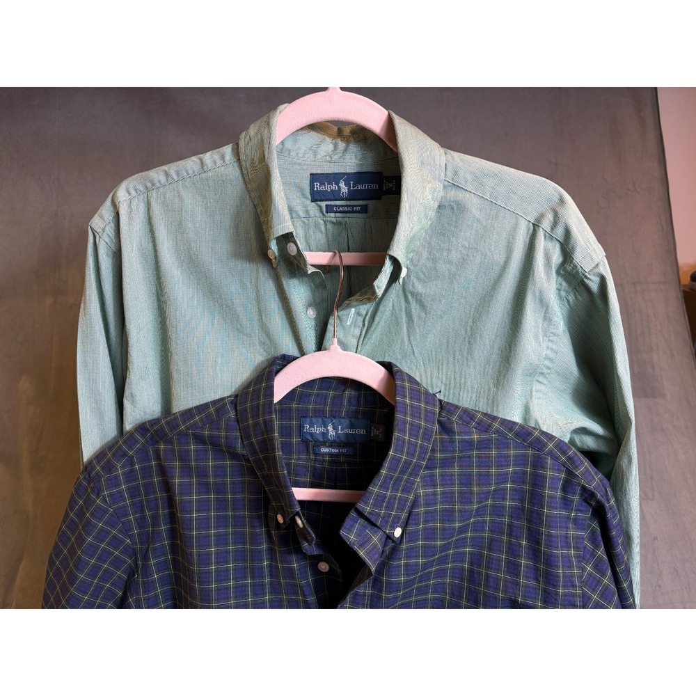 RALPH LAUREN Mens Shirts Button Down 16 32/33 Green Stripe Blue Green Plaid X2